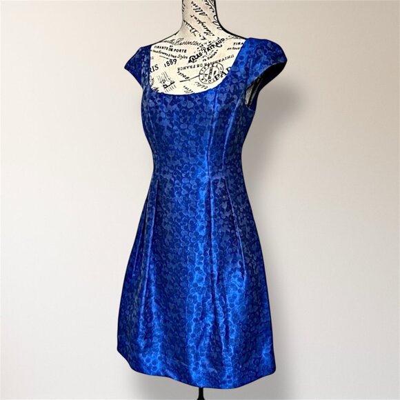 Kay Unger NY 6 Blue Jacquard Satin Square Neck Cap Sleeve Wedding Party Dress - Picture 5 of 8
